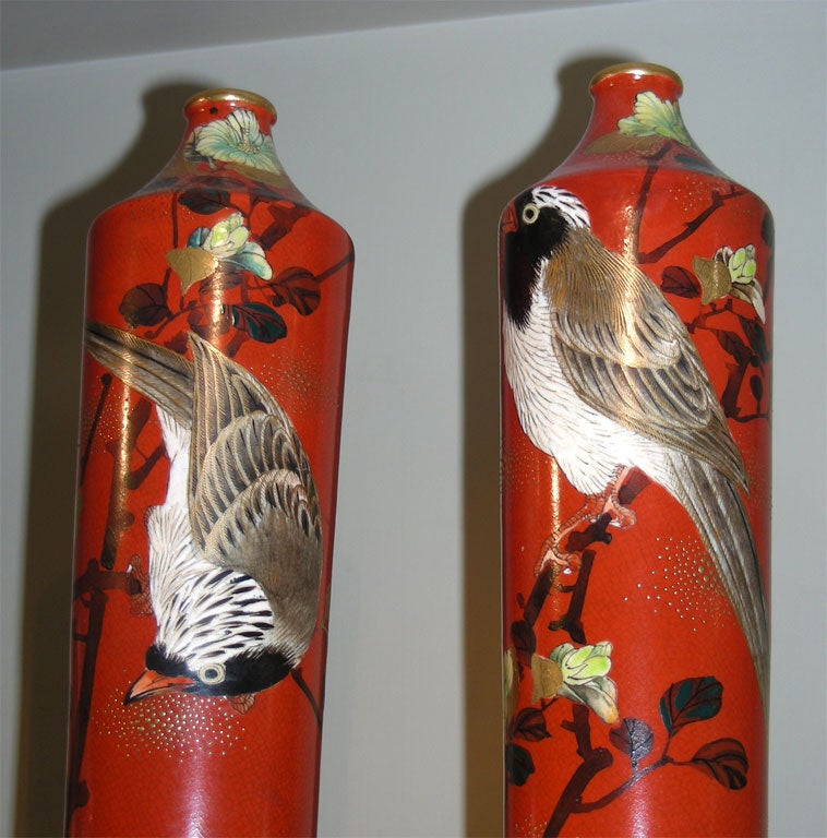 20th Century Two Japanese Nightingale Vases from the Meiji Period For Sale