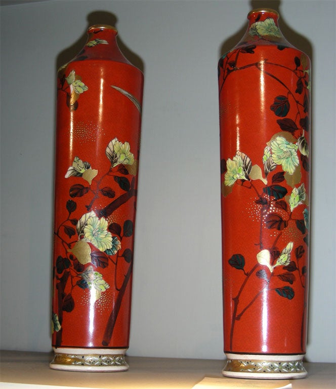 Two Japanese Nightingale Vases from the Meiji Period For Sale 1