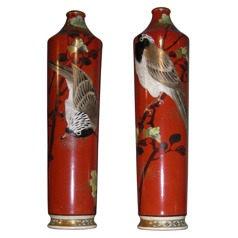 Two Japanese Nightingale Vases from the Meiji Period For Sale