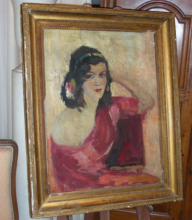Early 20th c. painting of a gypsy woman, framed in gilt wood. Signed but not readable.