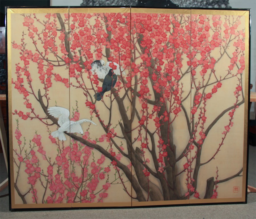 Japanese Two Panel Folding Screen with Plum and Doves