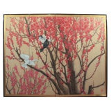 Japanese Two Panel Folding Screen with Plum and Doves