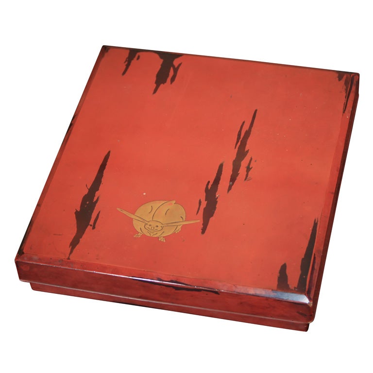 Japanese Negoro Lacquer Ink Box with Rabbit