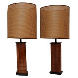 Pair Wooden "Bamboo" Table Lamps