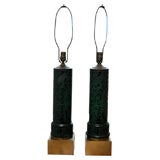 Pair Emerald Green Etched Glass Table Lamps