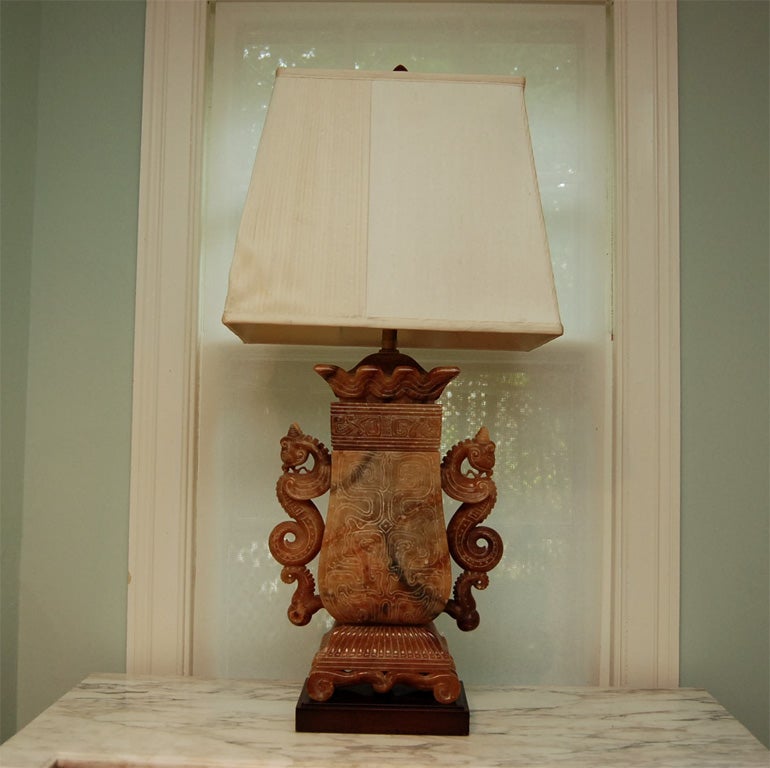Monumental Chinois Table Lamps in Carved Soapstone