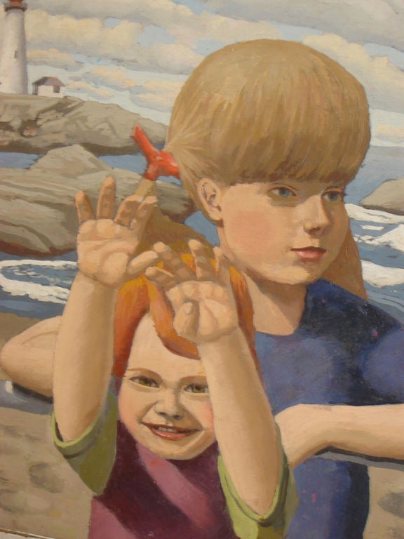 Gouche painting by Kuzma of children by the sea. Frame is new faux finished.