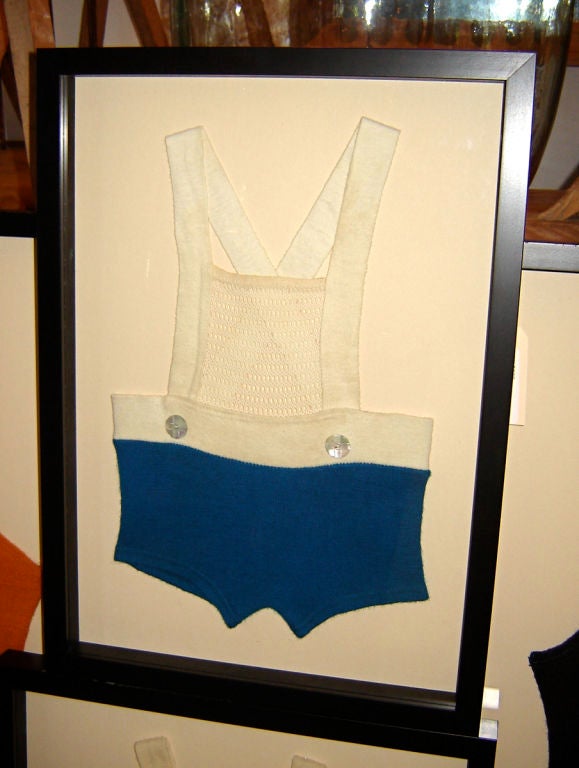 Great new collection of vintage wool bathing suits, each impeccably mounted to last and framed in a custom lacquered shadow box. Prices vary from $2300 to $2695. Many more available from a 30 year veteran collector. Please call for additional suits,