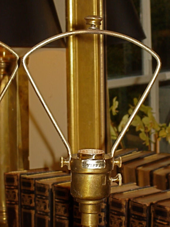 Pair of brushed brass Stiffel lamps with original finials. Newly rewired with silk cord.