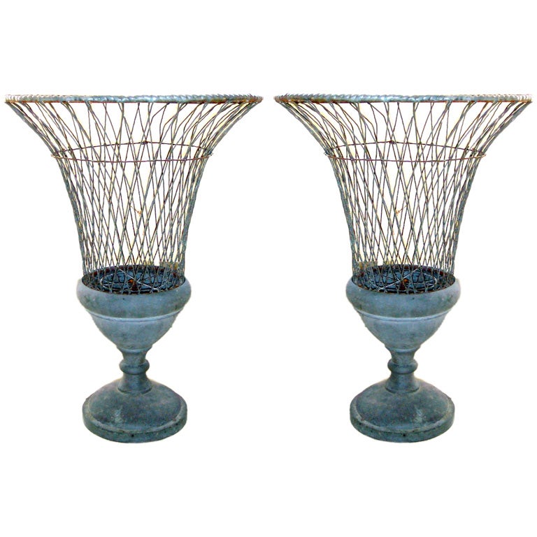 PAIR of French Zinc and Wire Urns