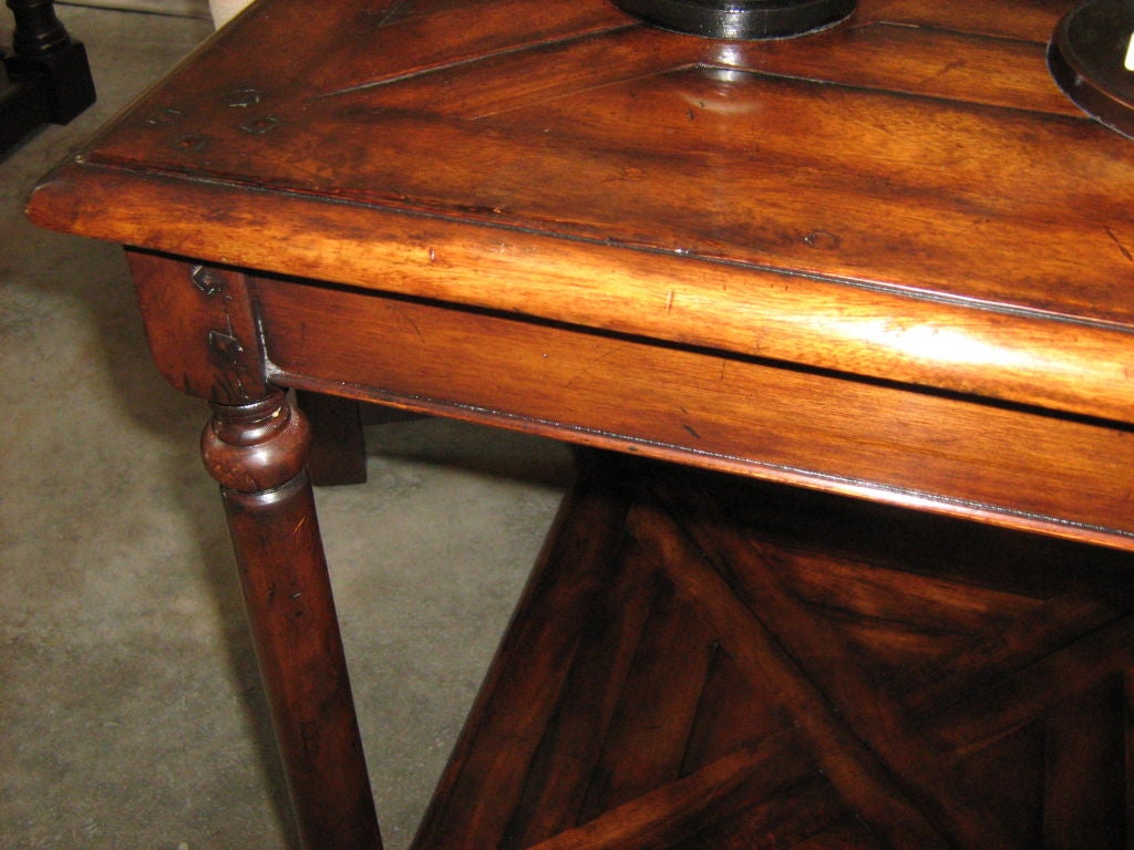 Square walnut end table with antique parquet top, hand-turned legs and a parquet shelf at the bottom.