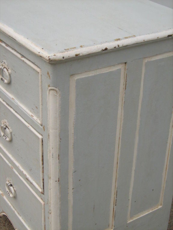 Refurbished, antique, pine chest of drawers,  with distress gray paint and white accents.