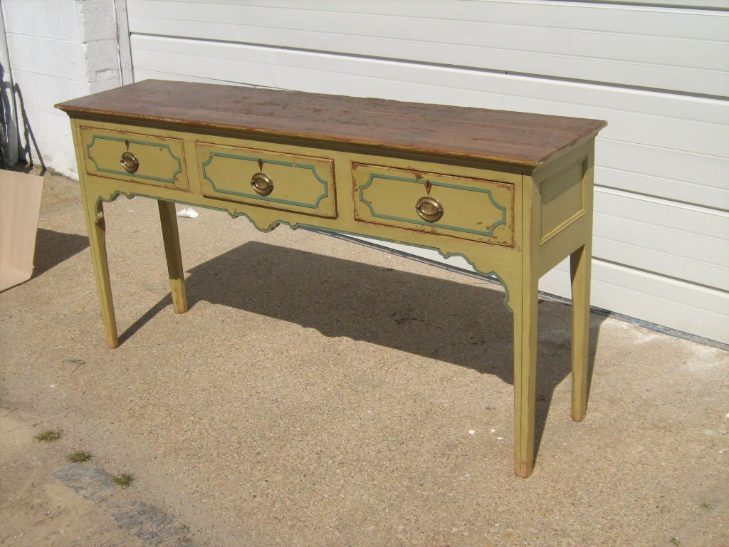 Antique pine painted server with three drawers, new hardware.