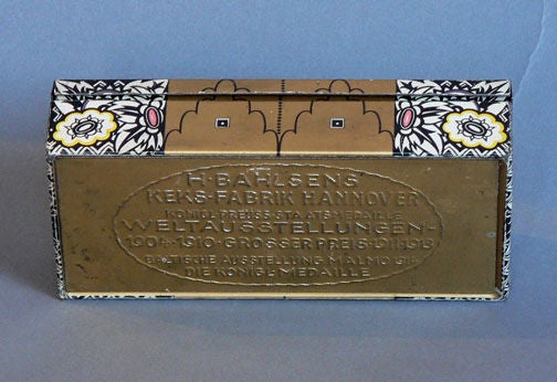 An early 20th century metal box having a printed geometric design by Emanuel Josef Margold. Made by H. Bahlsens of Hanover, Germany, 1914. Marked.<br />
The decoration of this box exhibits the influence of Dagobert Peche who was the principal