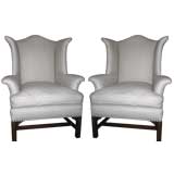 Antique Pair Chinese Chippendale Style Wing Chairs