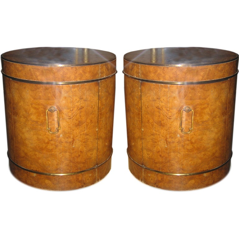 Pair Burled Maple Drum Tables For Sale