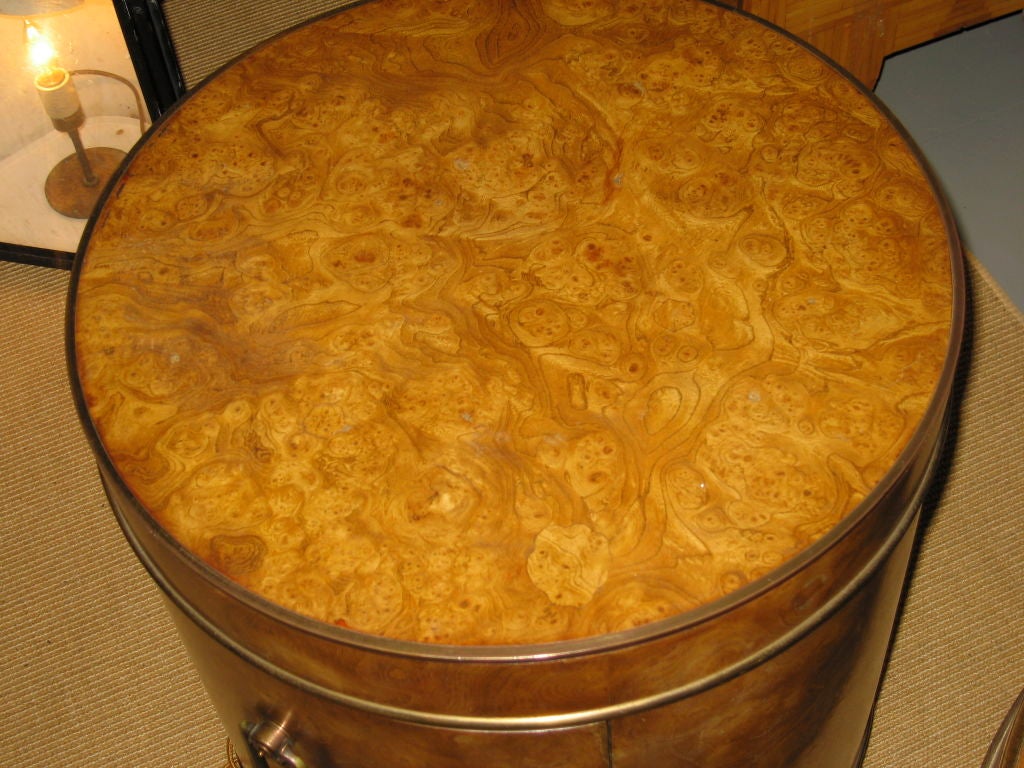 Italian Pair Burled Maple Drum Tables For Sale