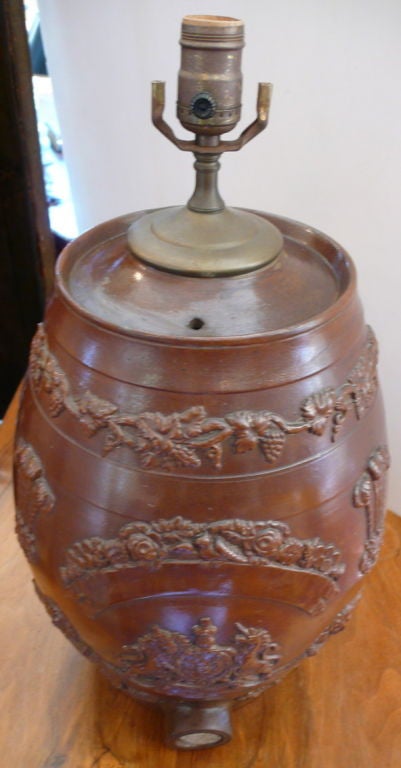 Handsome Old Salt Glaze Pottery Water Cooler <br />
Made into Lamp, 3 Gallon, With Cork where spigot was<br />
With British Monarchy Mottos