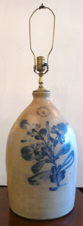 Handsome Salt Glazed Stoneware Crock Jug from N. Clarke Jr., Athens NY Converted into Lamp, Nice Floral Motif