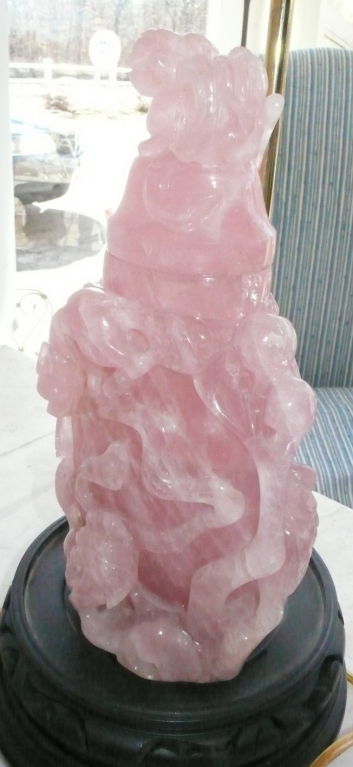Unusual Rose Quartz Lamp - Animals Carved in place, 1 Mark perhaps artist emblem, Nicely Detailed, The Rose Quartz measures 10