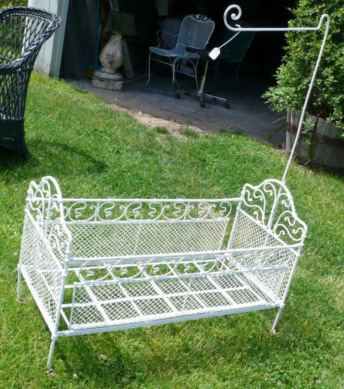 Small Scale Iron & Wire Crib, or Dogs Bed, Iron and wire with removable netting pole, Painted White, Very Rare