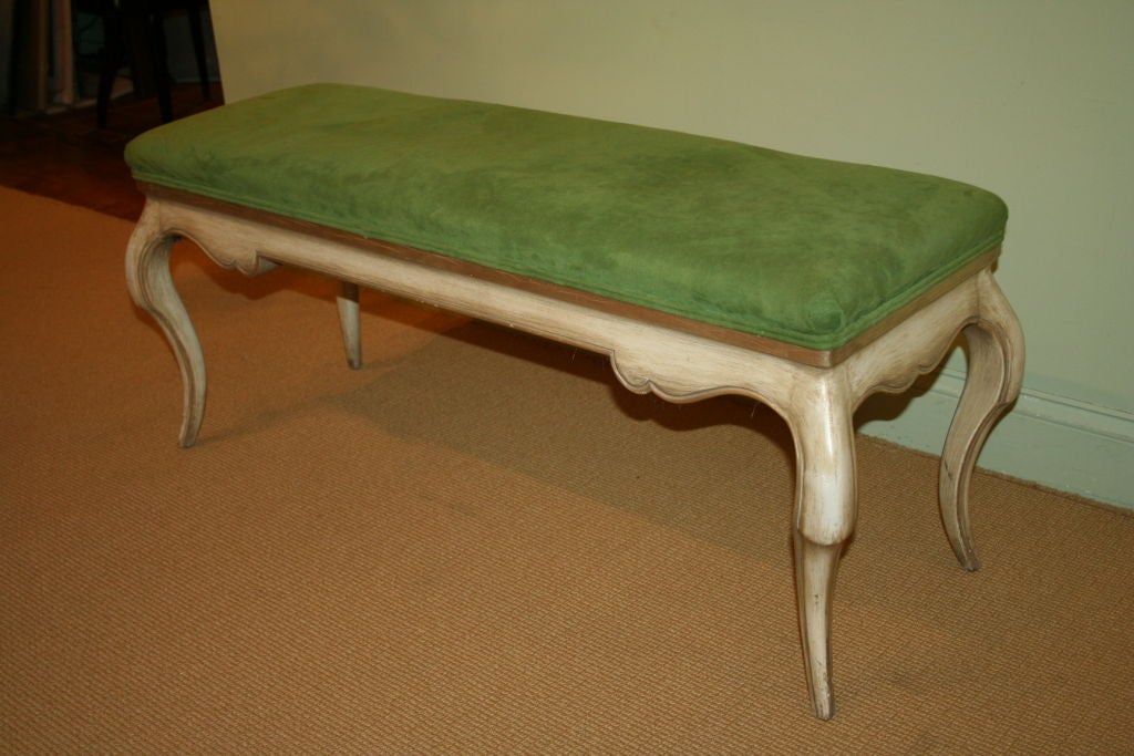 Italian 1940's Wooden Bench In Patina Finish and Green Velvet Top
