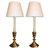 Pair Of Bronze Lamps With Hexagonal Base And Long Wax Stem