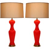 Pair of Murano Tangerine Colored Opaline Glass Lamps