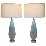 Pair of Pale Blue Murano Glass Lamps with Silver Inclusions