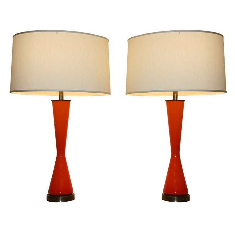 Pair of  Italian Orange Murano Cased  Glass Lamps