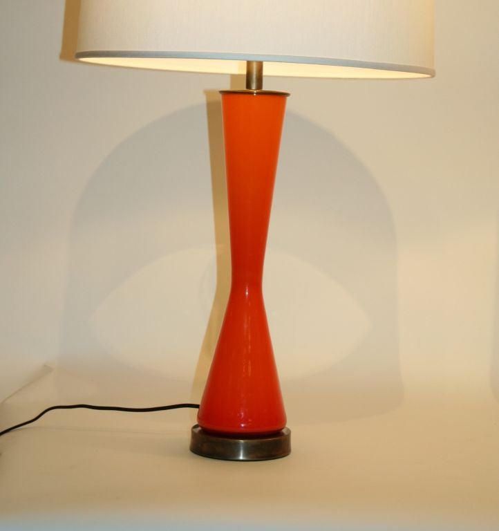 Mid-20th Century Pair of  Italian Orange Murano Cased  Glass Lamps