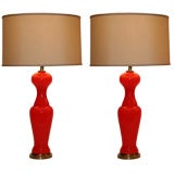 Pair of Murano Tangerine Colored Opaline Glass Lamps