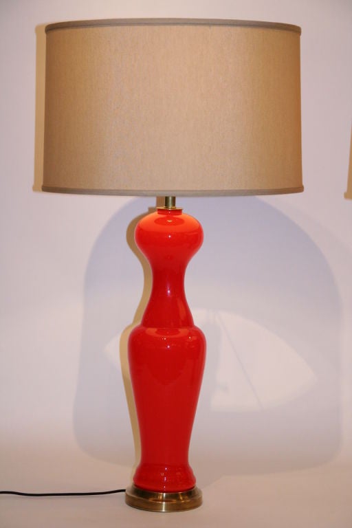 Pair of Murano Tangerine Colored Opaline Glass Lamps