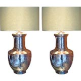Pair of hammered nickel lamps with shade