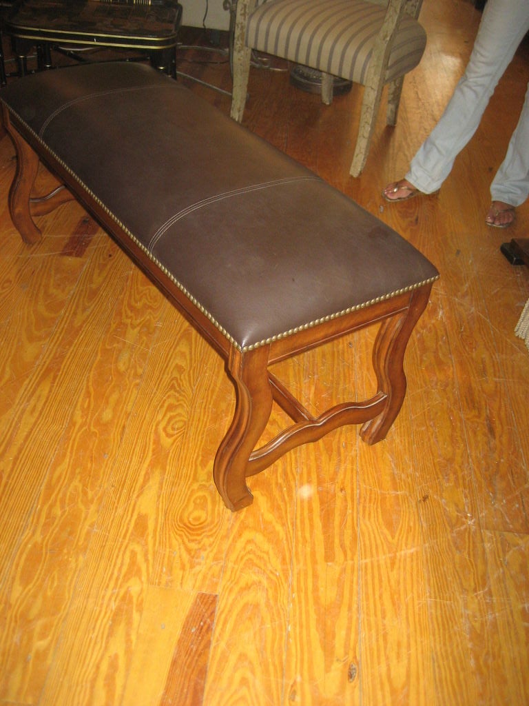 Leather and solid carved wood frame bench with nail-head detail In Excellent Condition In Bronx, NY