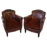 Pair of Vintage Leather Club Chairs with Velvet Seat Cushion