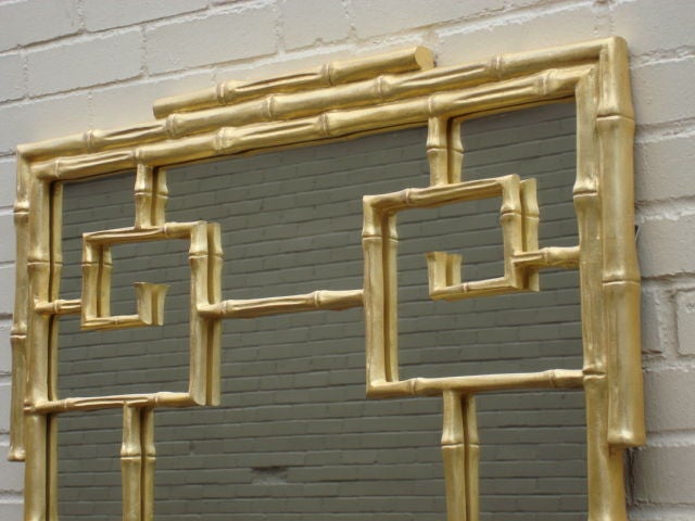 Chinese Bamboo Mirror with Old Gold Leaf Finish and Non-Beveled Mirror