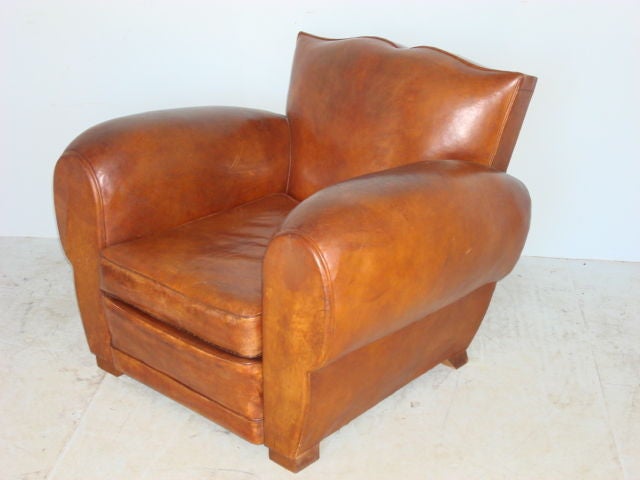 French Pair of Leather Curved Arm Mustache Club Chairs