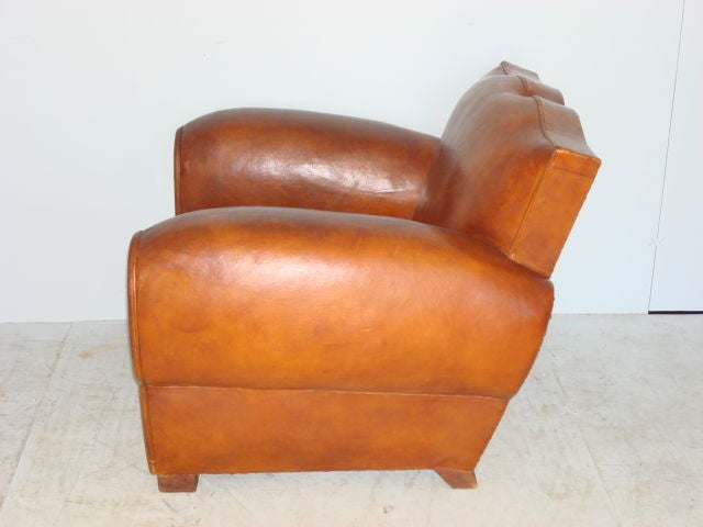 Pair of Leather Mustache Back Club Chairs, French, <br />
Circa 1940<br />
Seat: 15
