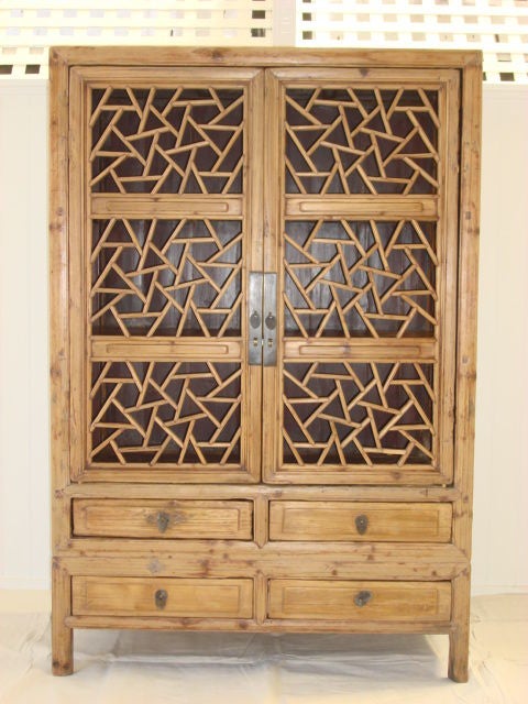 Chinese Elmwood Lattice Panel Armoire