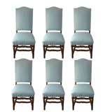 Set of Six French Blue Linen Dining Chairs with Nailheads