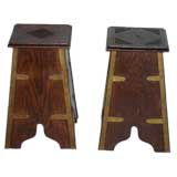 Pair of Flip Top Carved Wood Stools with Brass Details