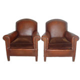 Pair of French Leather Club Chairs with Velvet Seat Cushions