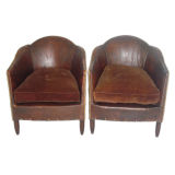 Pair of French Barrel Back Leather Chairs with Velvet Cushions