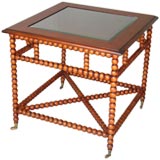 Glass Inset Wood Bobbin End Table with Casters