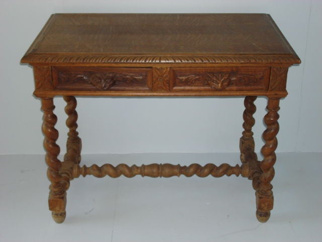 Vintage Wood Desk/Side Table with 2 Drawers, and Hand Carved Fox Detail, <br />
French, Circa 1950