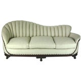 Antique Art Deco Linen Sofa with Carved Wood Base