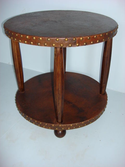 Round Leather 2 Tier French Side Table with Nail Heads