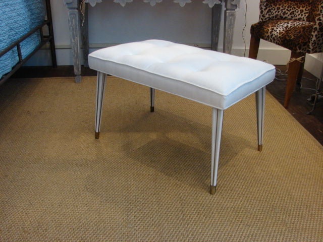 Pair of Tufted White Linen Stools with Brass Details