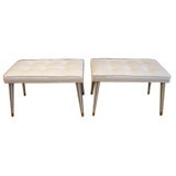 Pair of Tufted White Linen Stools with Brass Details